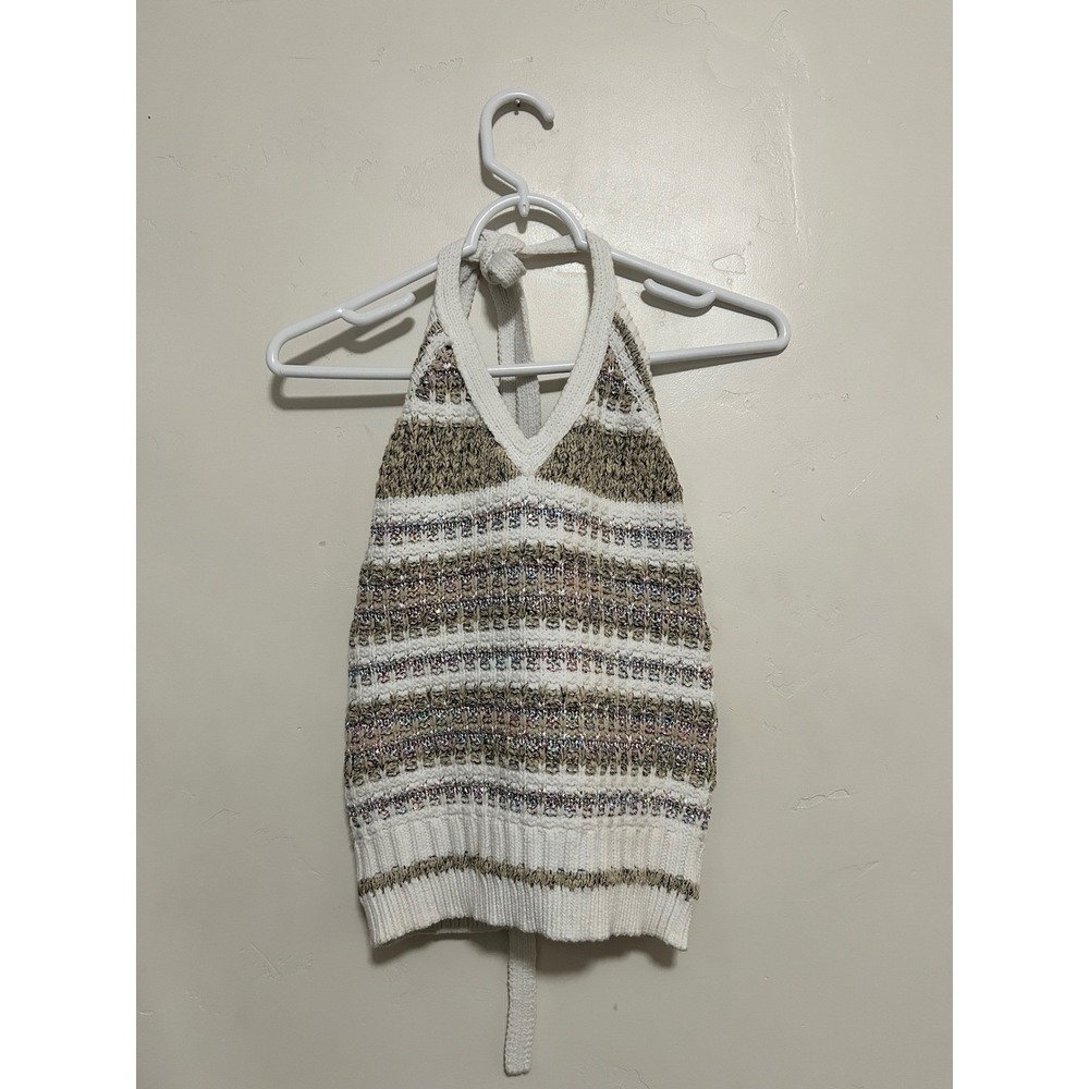 Ramy Brook Alina Halter SweaterSmall White Gold Metallic Knitt tank top